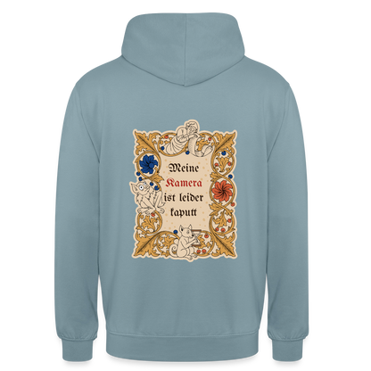 "Meine Kamera ist leider kaputt. Buchmalerei-Motiv" Motiv-Hoodie unisex, Farbe Nebelblau
