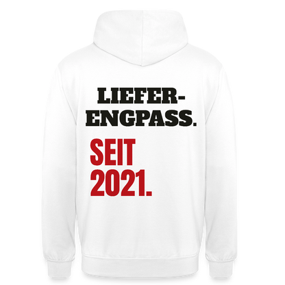 "Lieferengpass. Seit 2021." Motiv-Hoodie unisex, Farbe Weiß