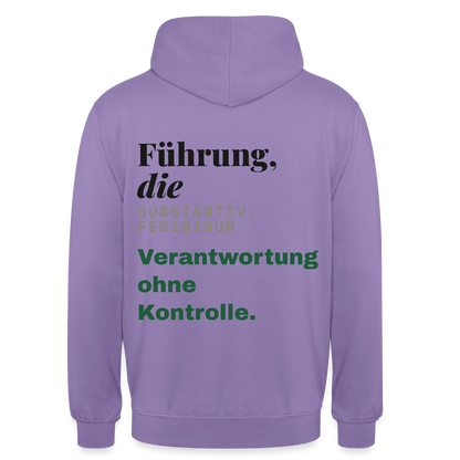 "Führung, die: Verantwortung ohne Kontrolle." Motiv-Hoodie unisex, Farbe Lavendel