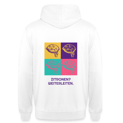 Zitronen? Weiterleiten. Pop-Art-Motiv Motiv-Hoodie unisex, Farbe Weiß