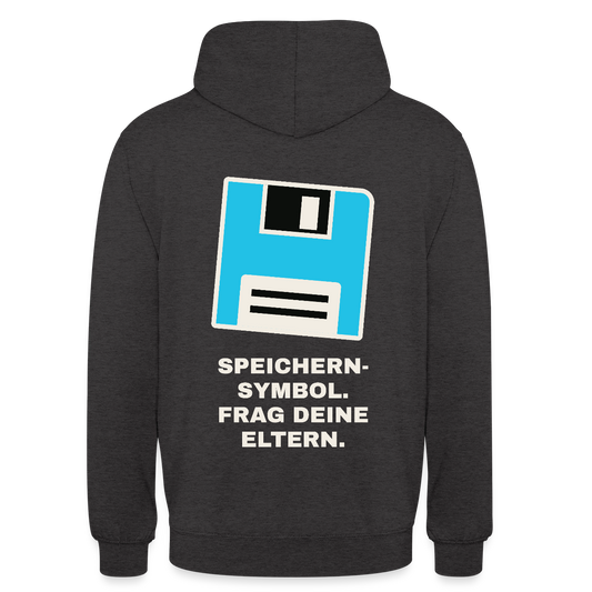Speichern-Symbol. Frag deine Eltern. Motiv-Hoodie unisex, Farbe Anthrazit