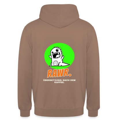 "Rawr. Übersetzung: nach dem Kaffee. Sticker-Motiv" Motiv-Hoodie unisex, Farbe Mokka