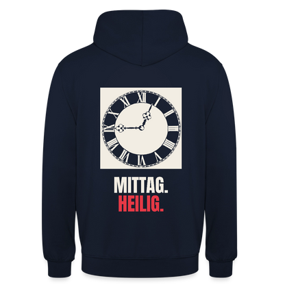 "Mittag. Heilig." Motiv-Hoodie unisex, Farbe Navy