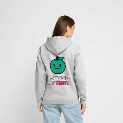 Obstkorb ist kein Benefit. Motiv-Hoodie unisex, Farbe Hellgrau meliert, Model