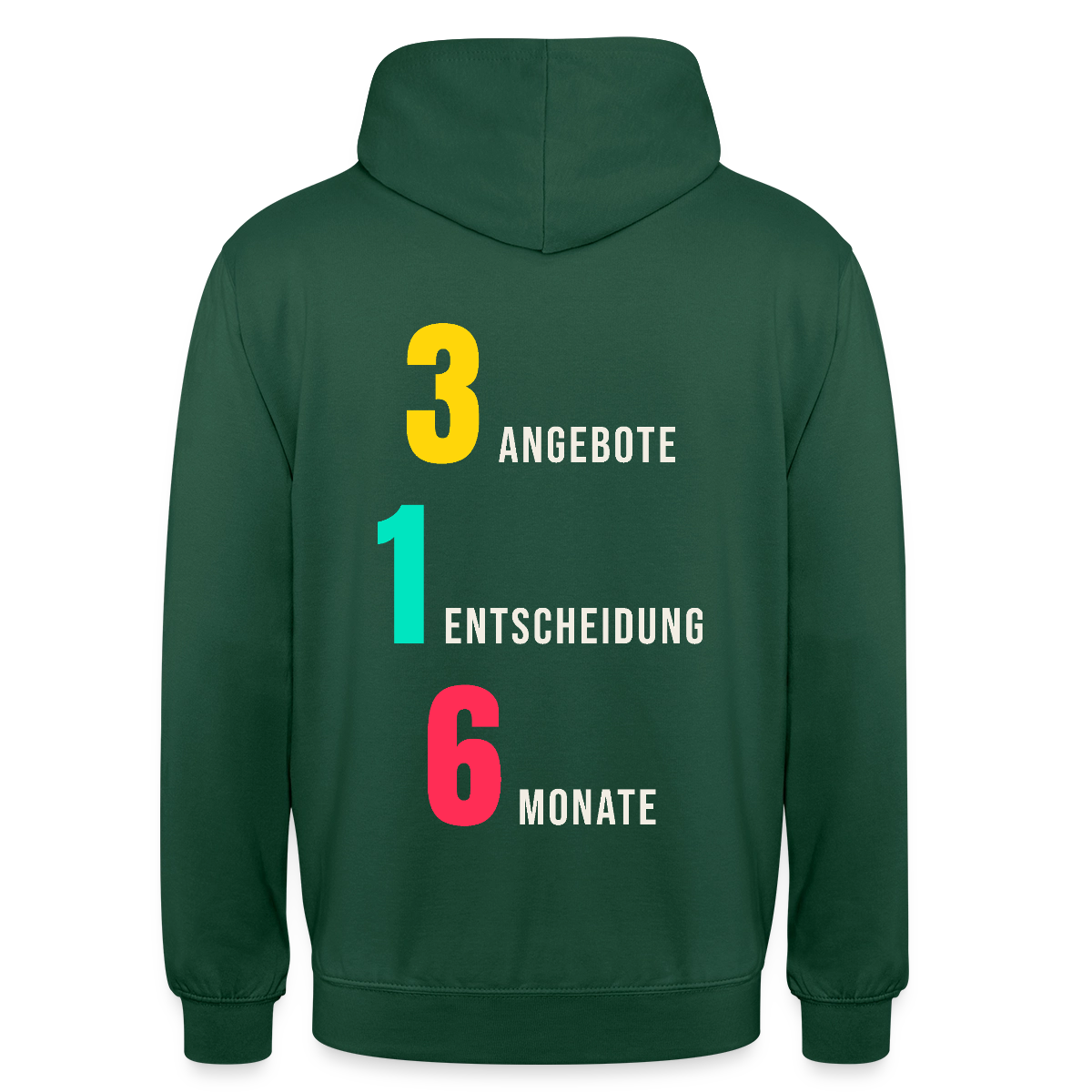 "3 Angebote. 1 Entscheidung. 6 Monate." Motiv-Hoodie unisex, Farbe Flaschengrün