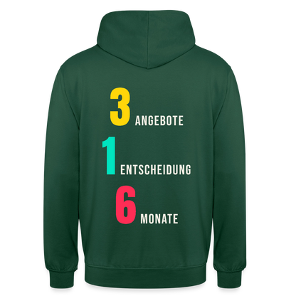 "3 Angebote. 1 Entscheidung. 6 Monate." Motiv-Hoodie unisex, Farbe Flaschengrün