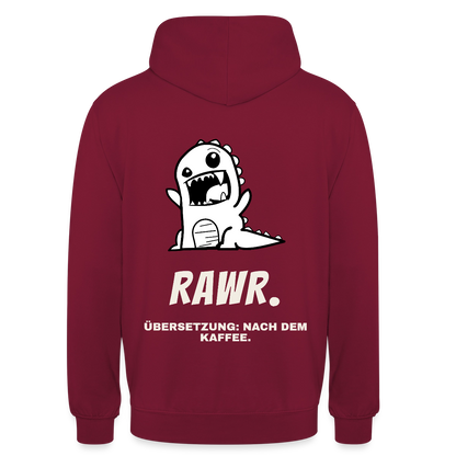 "Rawr. Übersetzung: nach dem Kaffee." Motiv-Hoodie unisex, Farbe Bordeaux