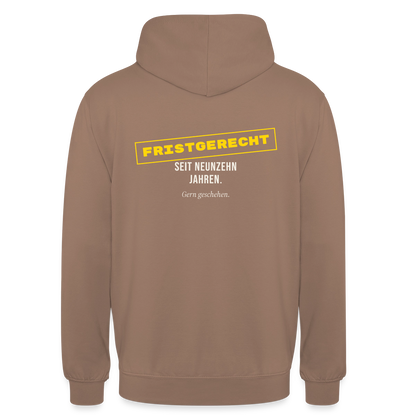 "Fristgerecht seit neunzehn Jahren. Gern geschehen." Motiv-Hoodie unisex, Farbe Mokka