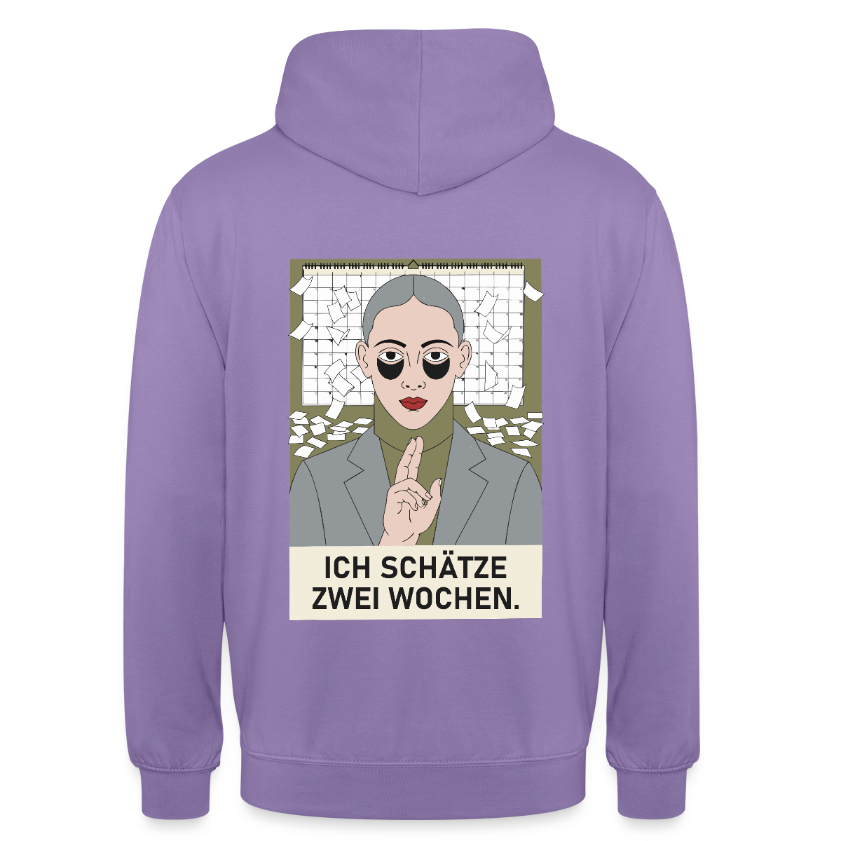 Ich schätze zwei Wochen. Porträt-Motiv Motiv-Hoodie unisex, Farbe Lavendel