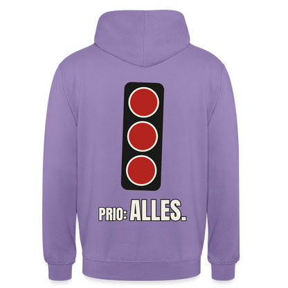 "Prio: alles." Motiv-Hoodie unisex, Farbe Lavendel