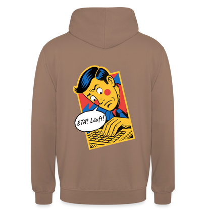 "ETA? Läuft! Popart-Motiv" Motiv-Hoodie unisex, Farbe Mokka