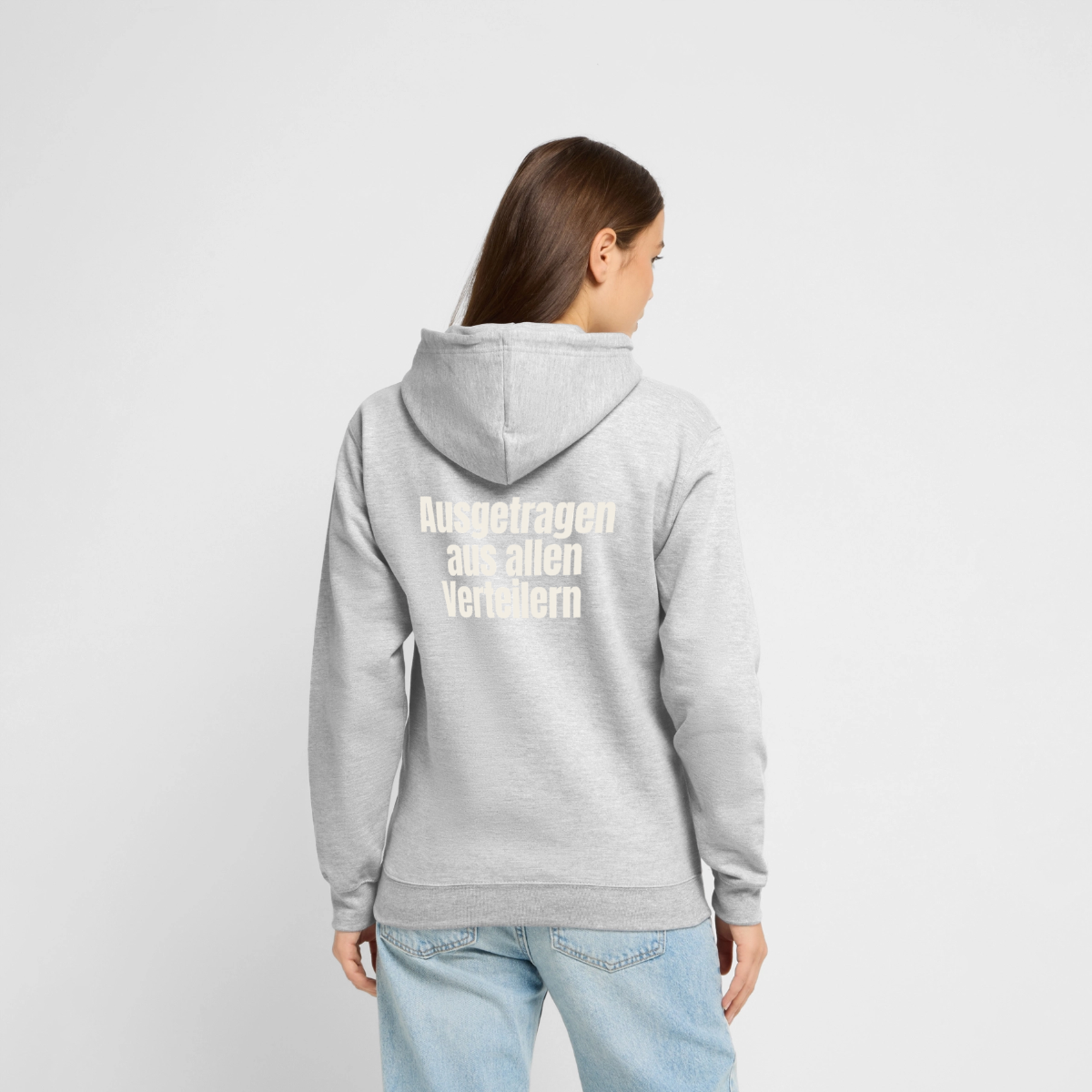 Ausgetragen aus allen Verteilern Motiv-Hoodie unisex, Farbe Hellgrau meliert, Model