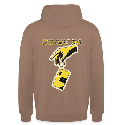 "Zutritt verweigert. Endlich." Motiv-Hoodie unisex, Farbe Mokka