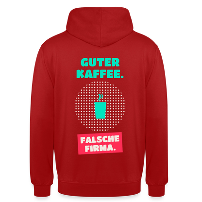 "Guter Kaffee. Falsche Firma." Motiv-Hoodie unisex, Farbe Rot
