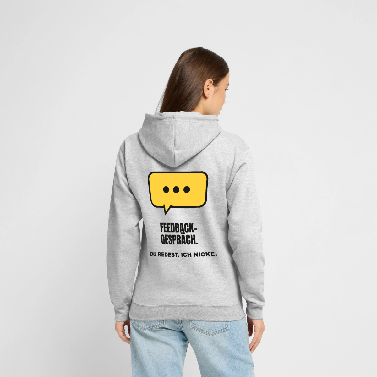 Feedbackgespräch. Du redest. Ich nicke. Motiv-Hoodie unisex, Farbe Hellgrau meliert, Model