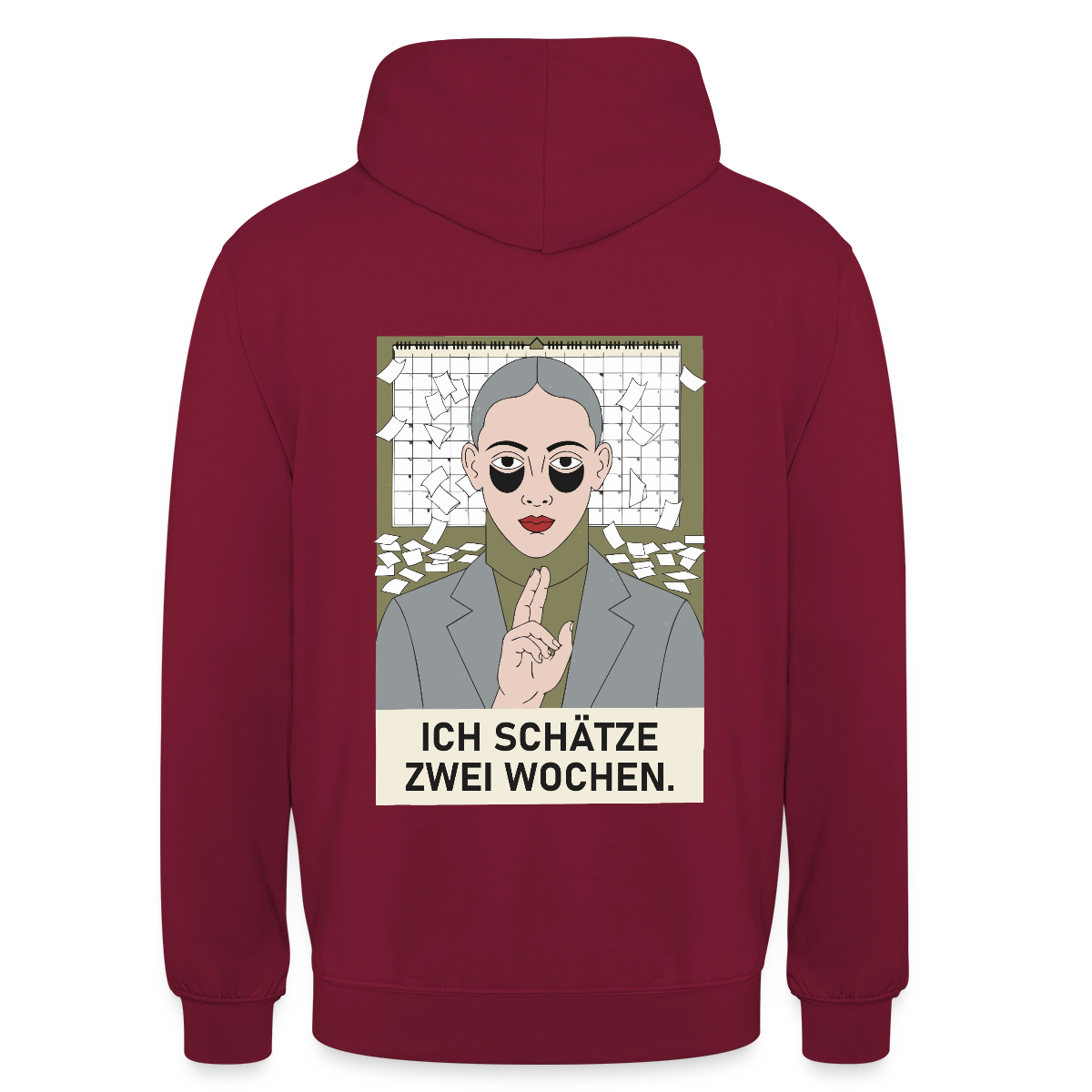 Ich schätze zwei Wochen. Porträt-Motiv Motiv-Hoodie unisex, Farbe Bordeaux