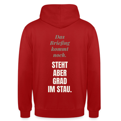 Das Briefing kommt noch. Steht aber grad im Stau. Motiv-Hoodie unisex, Farbe Rot