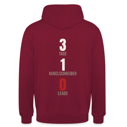3 Tage. 1 Kugelschreiber. 0 Leads. Motiv-Hoodie unisex, Farbe Bordeaux