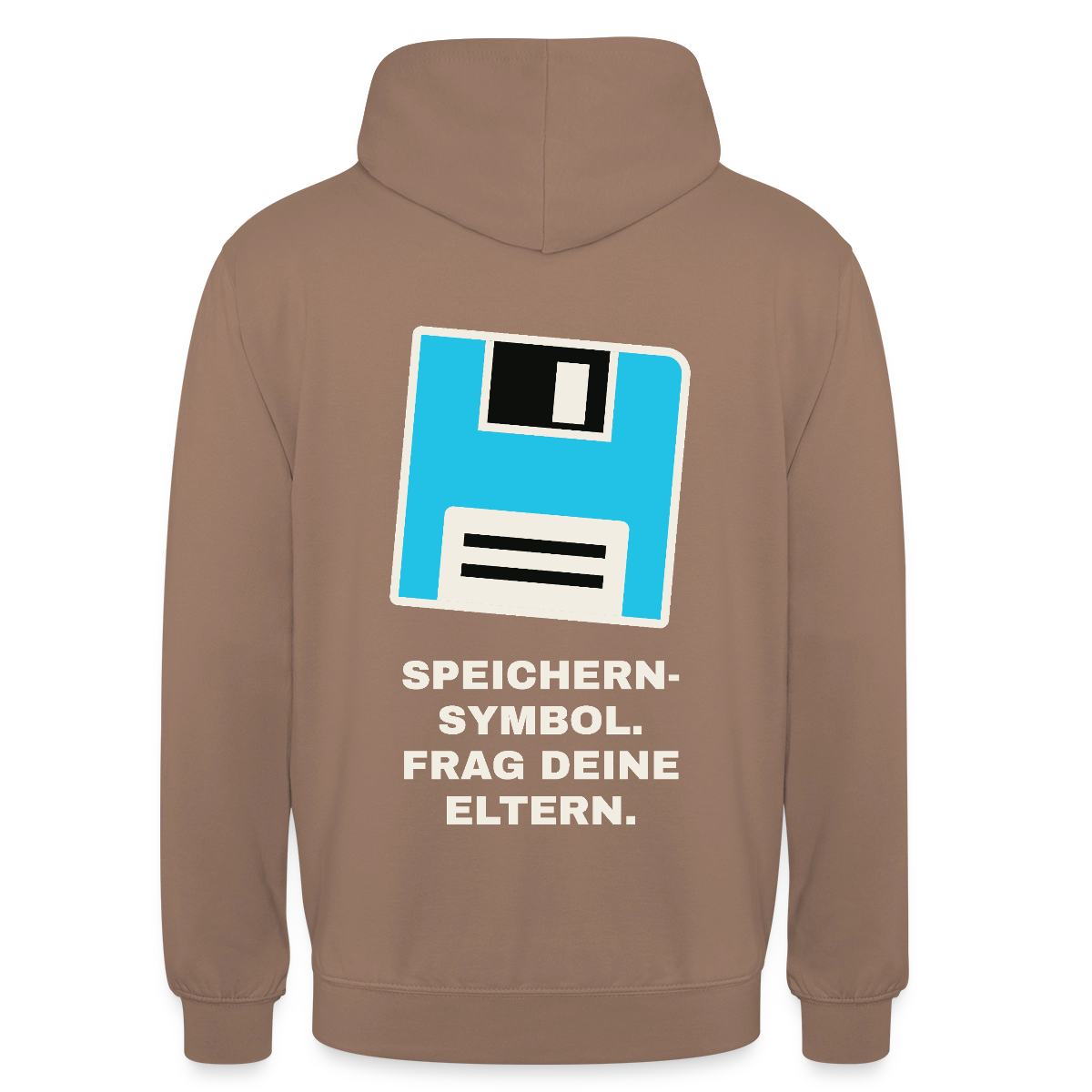 Speichern-Symbol. Frag deine Eltern. Motiv-Hoodie unisex, Farbe Mokka