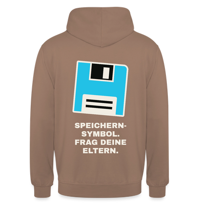Speichern-Symbol. Frag deine Eltern. Motiv-Hoodie unisex, Farbe Mokka