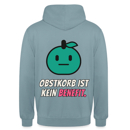 Obstkorb ist kein Benefit. Motiv-Hoodie unisex, Farbe Nebelblau