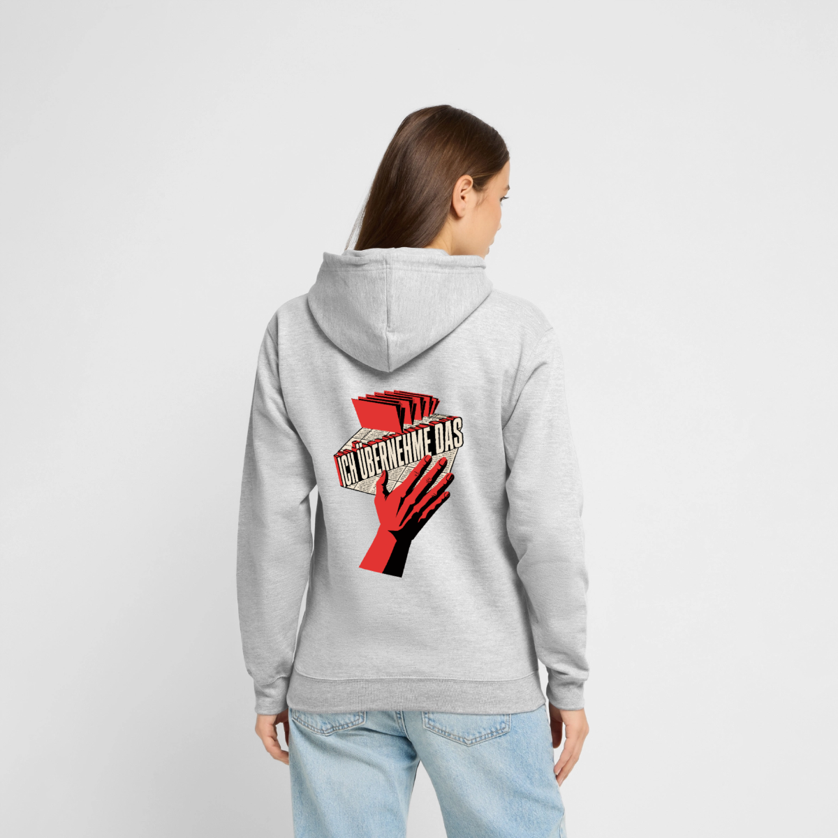 Ich übernehme das. Konstruktivismus-Motiv Motiv-Hoodie unisex, Farbe Hellgrau meliert, Model