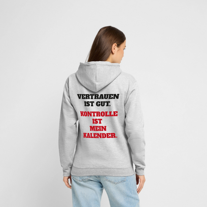 Vertrauen ist gut. Kontrolle ist mein Kalender. Motiv-Hoodie unisex, Farbe Hellgrau meliert, Model