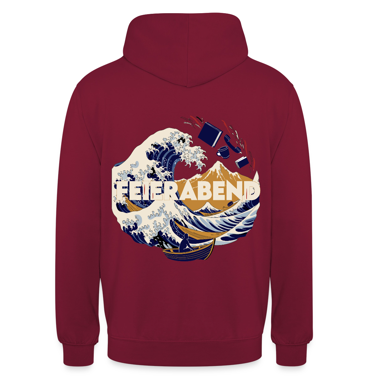 "Feierabend. Ukiyo-e-Motiv" Motiv-Hoodie unisex, Farbe Bordeaux