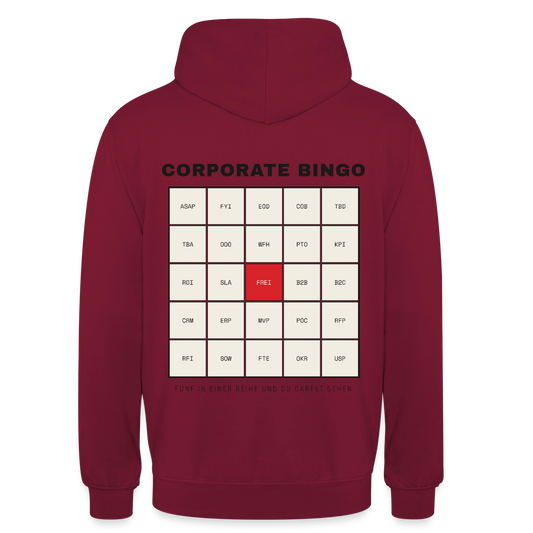 Corporate Bingo. Fünf in einer Reihe. Motiv-Hoodie unisex, Farbe Bordeaux