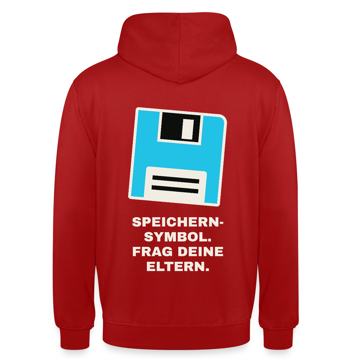 Speichern-Symbol. Frag deine Eltern. Motiv-Hoodie unisex, Farbe Rot