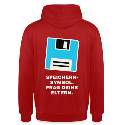 Speichern-Symbol. Frag deine Eltern. Motiv-Hoodie unisex, Farbe Rot