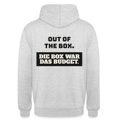 Out of the Box. Die Box war das Budget. Motiv-Hoodie unisex, Farbe Hellgrau meliert