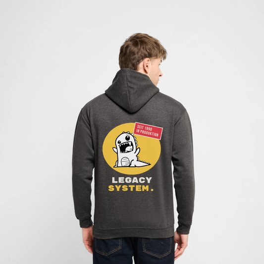 "Legacy System. Seit 1998 in Produktion." Motiv-Hoodie unisex, Farbe Anthrazit, Model