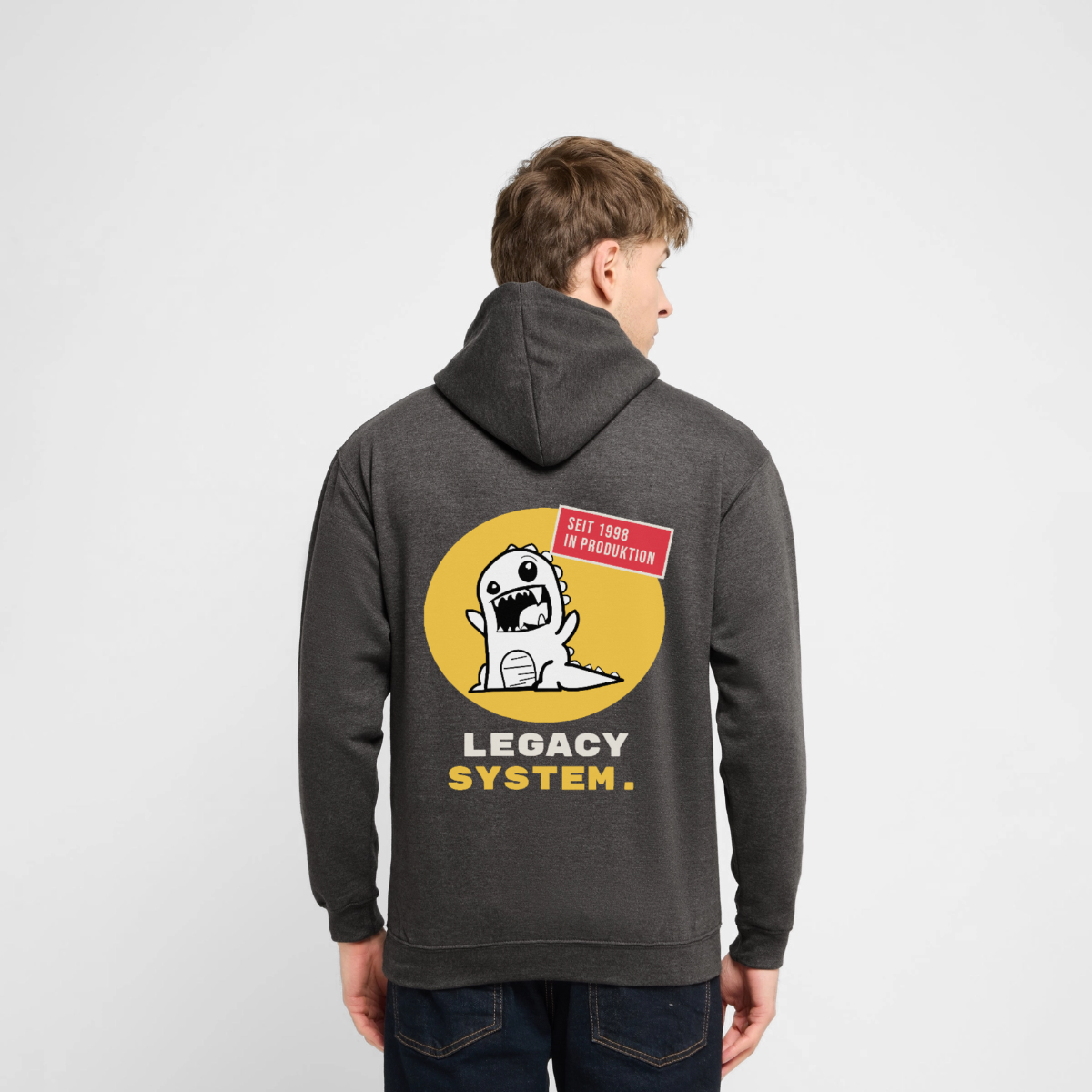 "Legacy System. Seit 1998 in Produktion." Motiv-Hoodie unisex, Farbe Anthrazit, Model