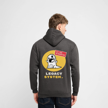 "Legacy System. Seit 1998 in Produktion." Motiv-Hoodie unisex, Farbe Anthrazit, Model