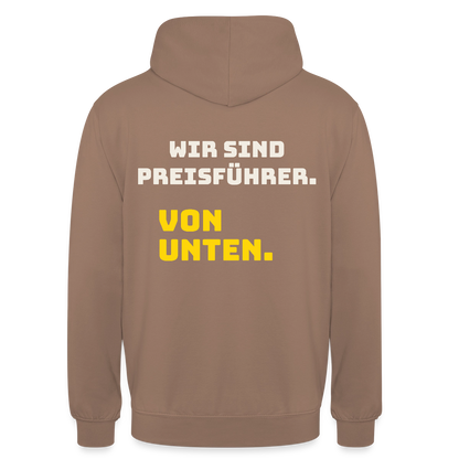 "Wir sind Preisführer. Von unten." Motiv-Hoodie unisex, Farbe Mokka