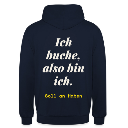 "Ich buche, also bin ich." Motiv-Hoodie unisex, Farbe Navy