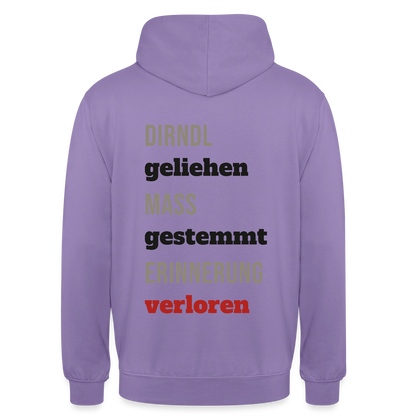 "Dirndl geliehen, Maß gestemmt, Erinnerung verloren" Motiv-Hoodie unisex, Farbe Lavendel