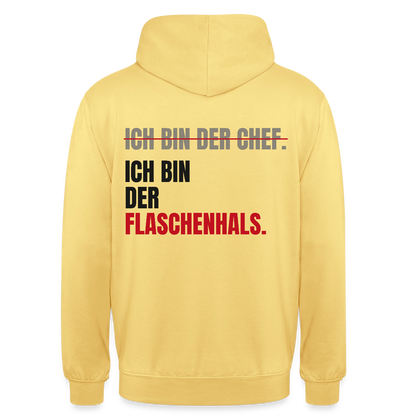 Ich bin der Chef. Ich bin der Flaschenhals. Motiv-Hoodie unisex, Farbe Zitronengelb