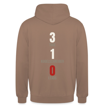 3 Tage. 1 Kugelschreiber. 0 Leads. Motiv-Hoodie unisex, Farbe Mokka