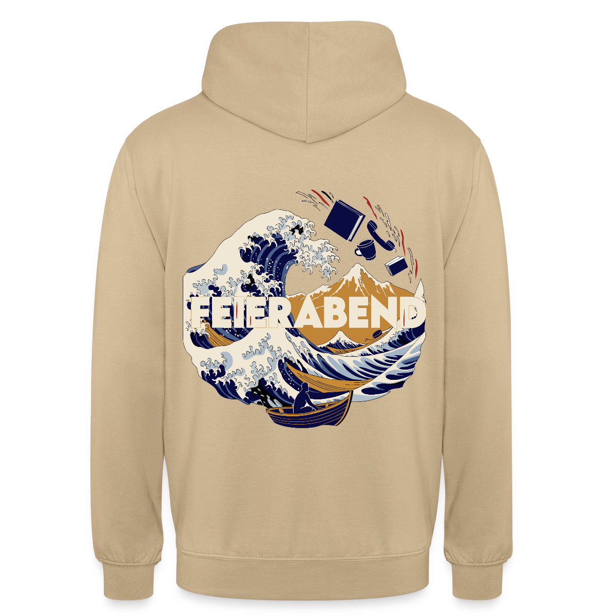 "Feierabend. Ukiyo-e-Motiv" Motiv-Hoodie unisex, Farbe Beige