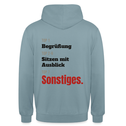 Top 1 Begrüßung, Top 2 bis 6 Sitzen mit Ausblick, Top 7 Sonstiges Motiv-Hoodie unisex, Farbe Nebelblau