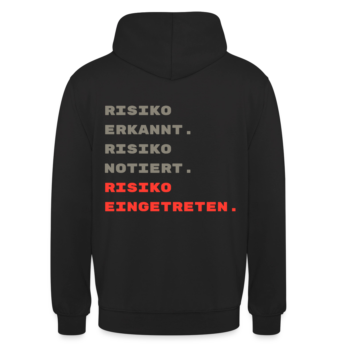 Risiko erkannt. Risiko notiert. Risiko eingetreten. Motiv-Hoodie unisex, Farbe Schwarz