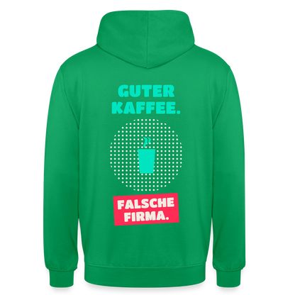 "Guter Kaffee. Falsche Firma." Motiv-Hoodie unisex, Farbe Kelly Green