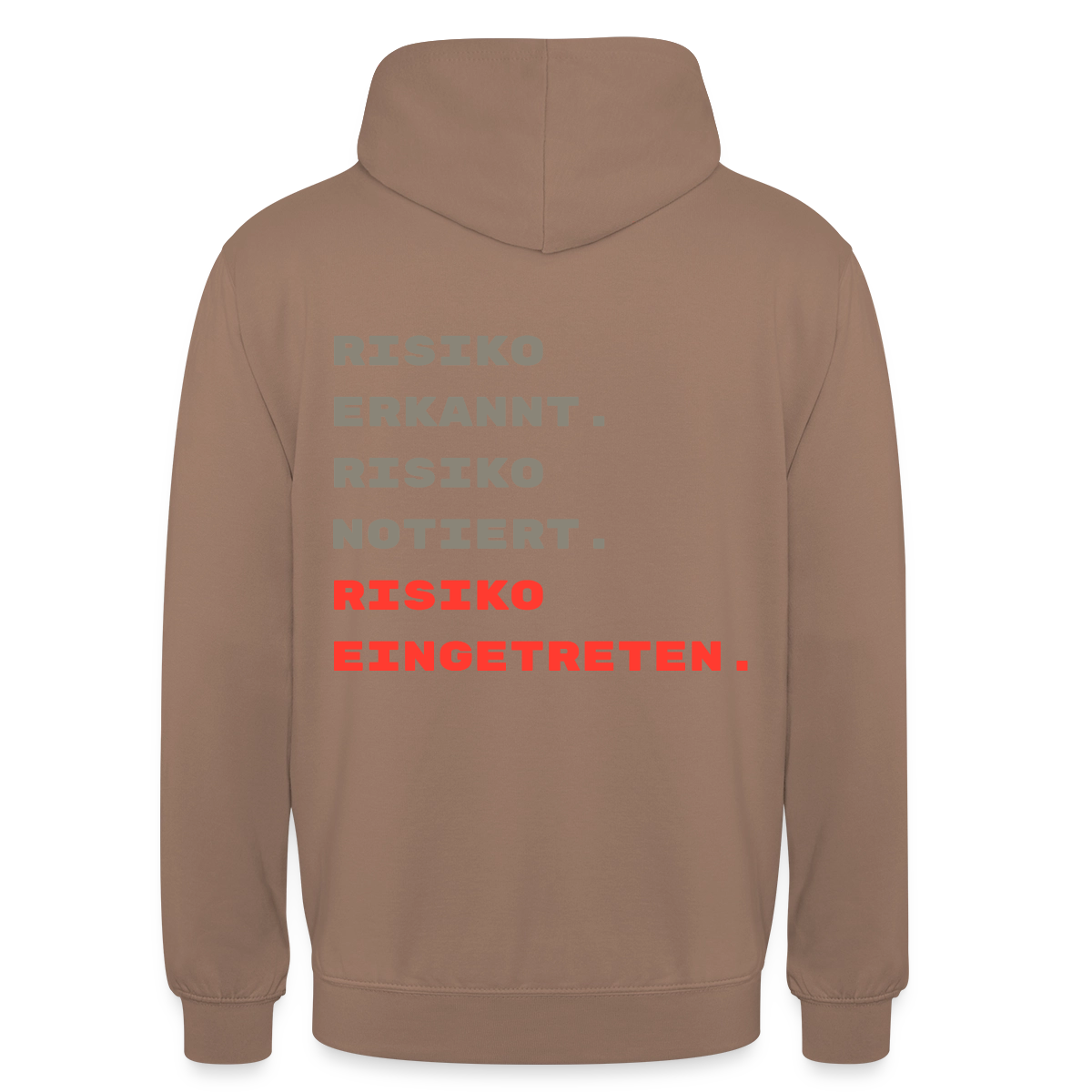 Risiko erkannt. Risiko notiert. Risiko eingetreten. Motiv-Hoodie unisex, Farbe Mokka