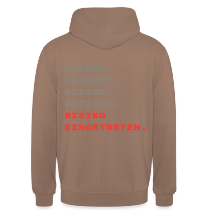 Risiko erkannt. Risiko notiert. Risiko eingetreten. Motiv-Hoodie unisex, Farbe Mokka