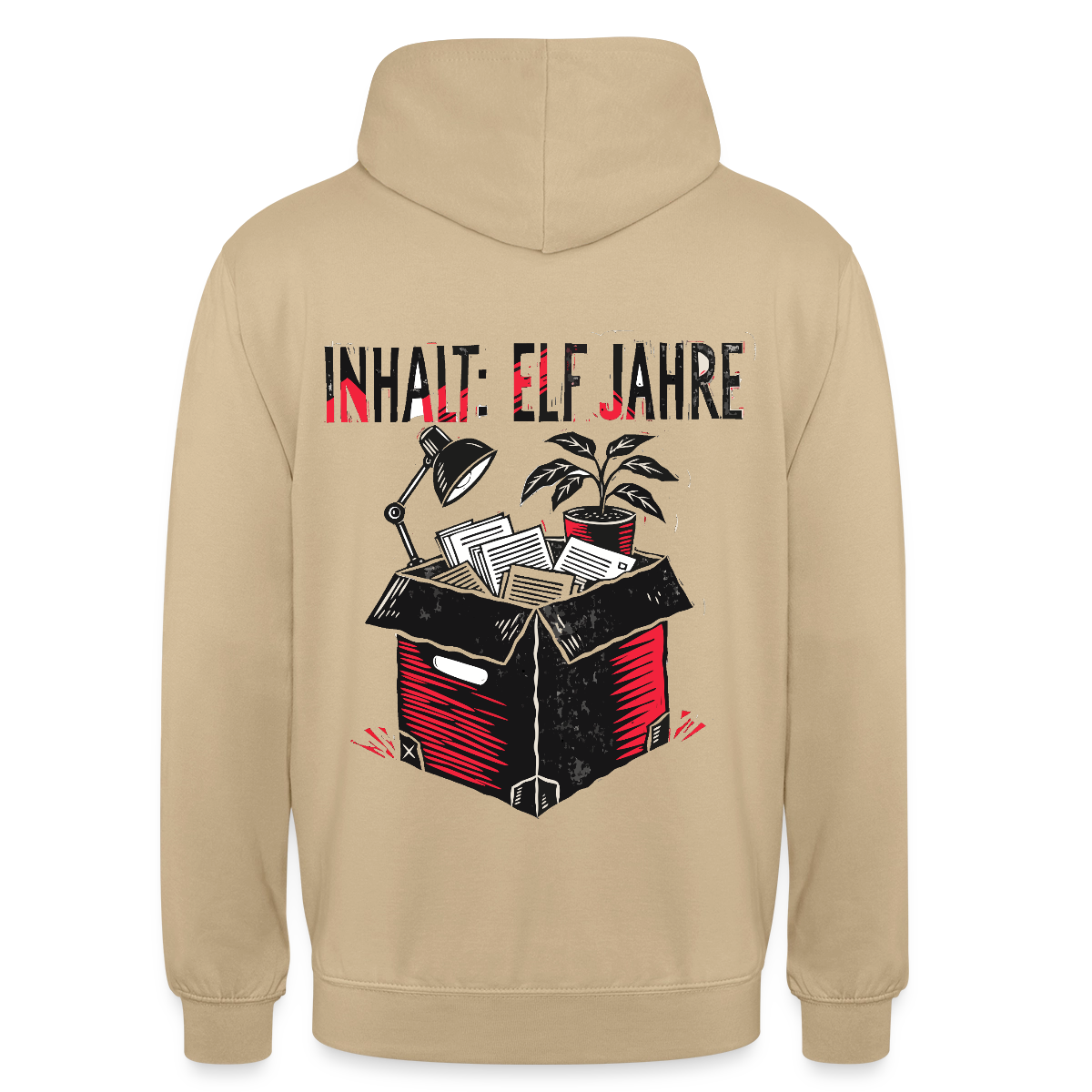 "Inhalt: elf Jahre. Linolschnitt-Motiv" Motiv-Hoodie unisex, Farbe Beige