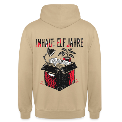 "Inhalt: elf Jahre. Linolschnitt-Motiv" Motiv-Hoodie unisex, Farbe Beige