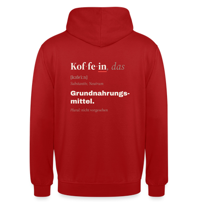 "Koffein, das: Grundnahrungsmittel." Motiv-Hoodie unisex, Farbe Rot
