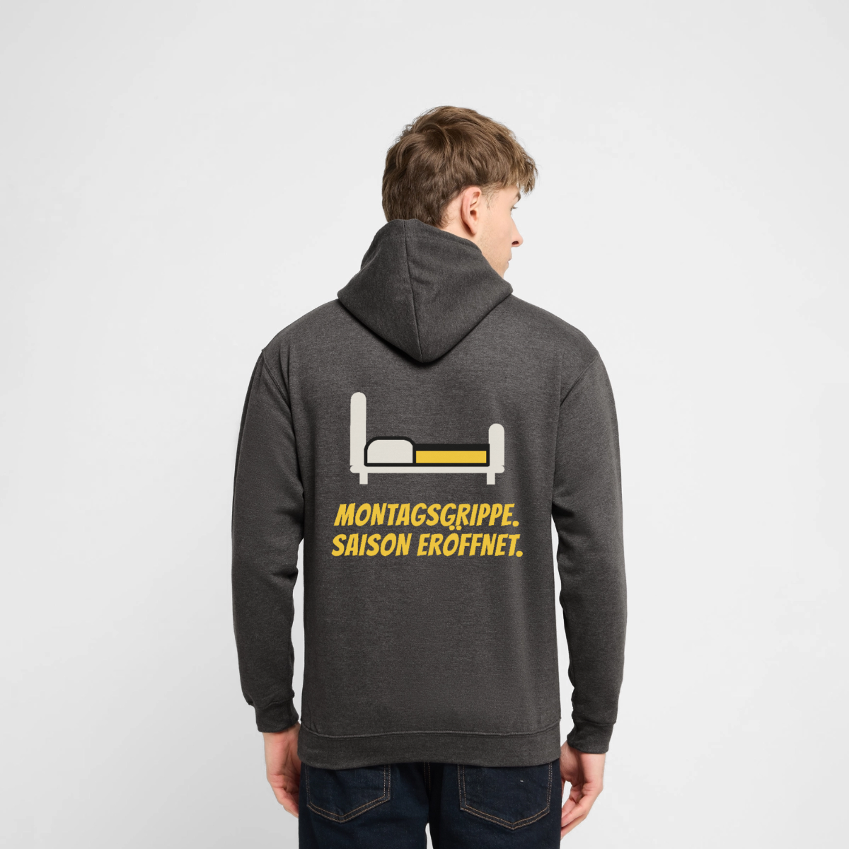 "Montagsgrippe. Saison eröffnet." Motiv-Hoodie unisex, Farbe Anthrazit, Model